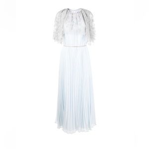 Floral appliqué crystal gown Self-Portrait.Fully pleated blue with crystal belt